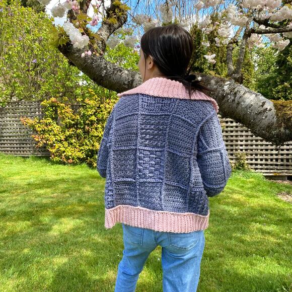 Crochet Granny Square Cardigan Small Gray Pink Handmade Harry Styles Inspired - Picture 4 of 7